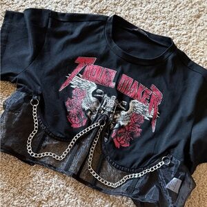 Black Graphic Crop Top with Chains